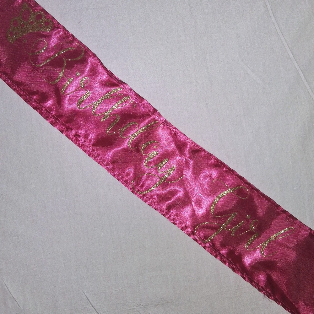 Hot Pink Satin Birthday Girl Sash Gold Glitter Script Crown Party‎ Accessory
